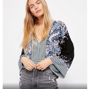 Free People Mix And Match Floral Striped Top V Neck  Bell Sleeves Size Small